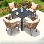"Nordic Timber Seating 5 Piece Patio Dining Set with Black Weatherproof Table, Chair Set & Dismountable Cushions, 31.5"L x 31.5"W x 28.3"H, Table & 4 Chairs"