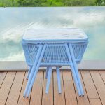 "Modern Style Stone-Top Patio Dining Set with Weatherproof Wicker Chairs - Desk with 2 Chairs 31"L x 25"W x 30"H Blue"