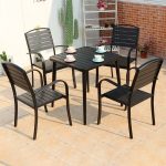 "Black Wood Tabletop Courtyard Dining Table Modern with Metal Frame - Table & 4 Chairs 160 x 90 x 75 cm Rectangular"
