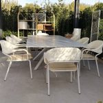 "Stone Top Waterproof Courtyard Dining Table Set Modern Style for Outdoor - 94.5"L x 39.4"W x 29.5"H Table & 8 Chairs"