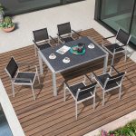 "5-piece Patio Dining Set with Glass Table Top, Black Rectangular Table, Anti-uv, Chairs Included, 59.1"L x 35.4"W x 29.5"H, Table & 4 Chairs"