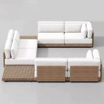 "Outdoor Sofa Conversation Set with Textile Upholstery, 6 Piece Set, Teak Frame in Sepia, White Upholstery, UV Resistant, Upholstered Back, 6-Piece Set (4 Chairs & 2 Corner Sofas)"