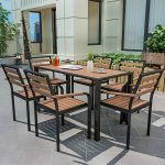 "Modern Wooden Tabletop Courtyard Dining Table Waterproof with Metal Frame - Natural Table & 6 Chairs"