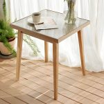 "Modern Square Wood Patio Chat Table with Glass Top in Brown Finish - Table Only 60 x 60 x 75 cm"