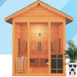 "Brown 4 People Outside Space Far Infrared Saunas with Gate(s), Floor, Bench, Control Panel, Natural Finish, 59"L x 59"W x 96"H"