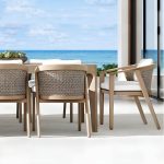 "Modern Wooden Arm Chair with Brown Frame and White Cushions for outdoor dining in the patio - Armless Teak 26"L x 25"W x 41"H"