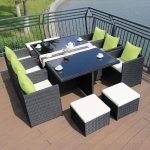 "Modern Simple Style 9 Piece Set Cane Seating Midnight Black Climate-proof Outdoor Dining Set, 47.2"L x 47.2"W x 29.5"H, Table & 4 Chairs & 4 Ottomans"