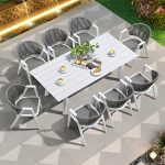 "Mid-Century Modern Metal Patio Dining Set with Non-Upholstered Wicker Chairs - Table & 8 Chairs 81"L x 39"W x 28"H Gray-White"