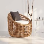 "Austen Rattan Outdoor Barrel Chair Nest Shape Sidechair with Cushion in Brown"