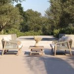 "Patio Multiple Chairs Seating Group with Textile White Upholstery, Caramel Natural Wood Table, 7-piece, UV Resistant, Table & 6 Chairs"