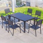 "Modish Outdoor Dining Set with Wood Seating, 7-piece, Weatherproof, Ink Table Top, Chair, Table, 47"L x 31"W x 28"H, Table & 6 Chairs"